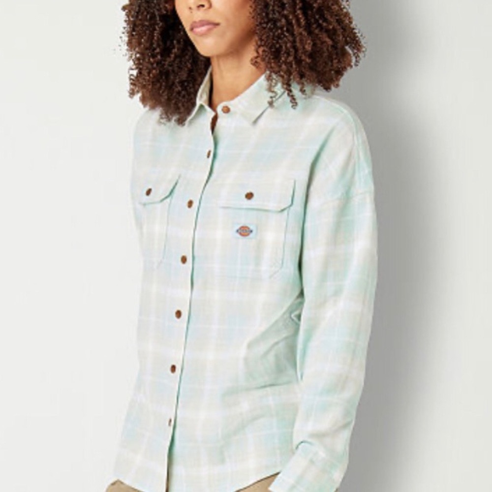 Dickies Women's Soft Gray Turquoise Plaid Long Sleeve Flannel‎ Shirt Size medium